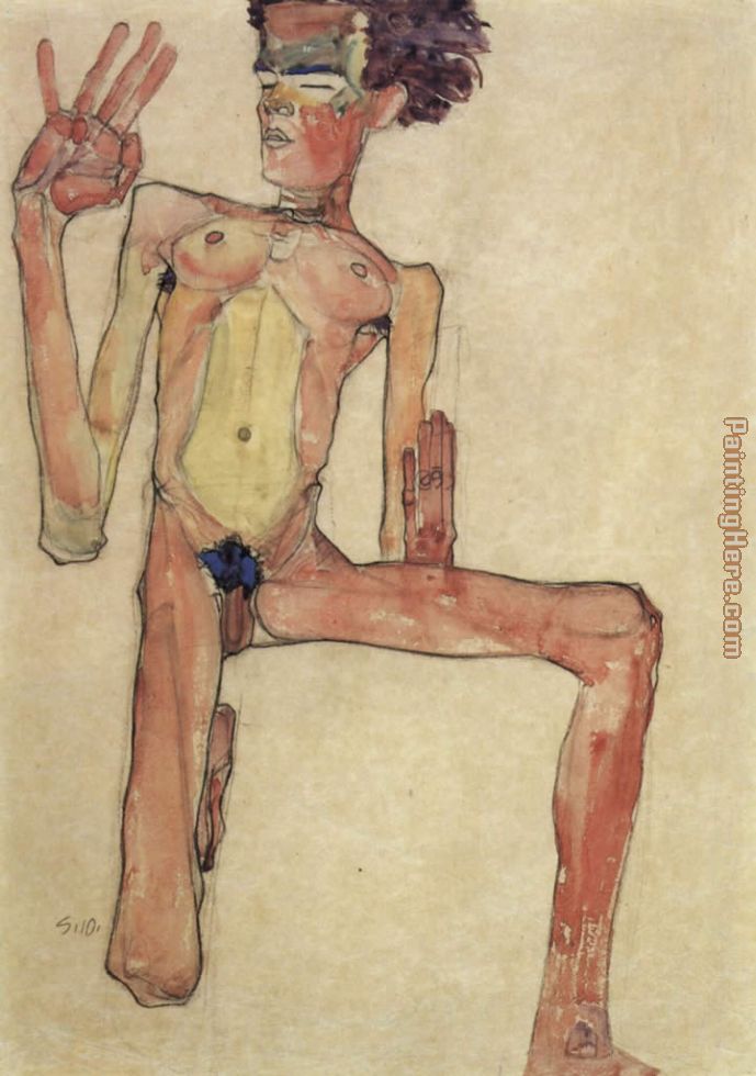 Egon Schiele Kneeling act selfportrait